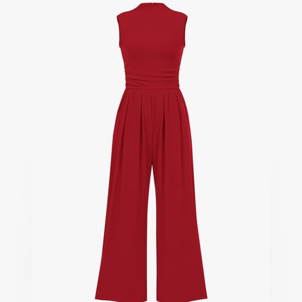 Red Women’s Jumpsuit One
Piece Sleeveless Mock Neck Wide
Leg Pants Rompers